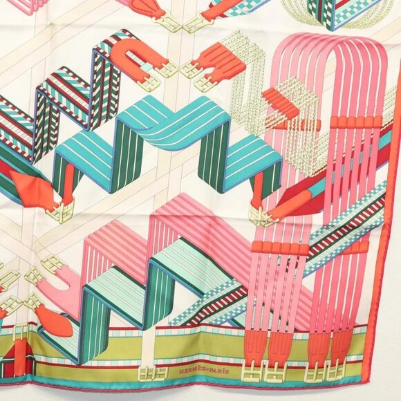 HERMES Carre 90 Scarf ""SANGLES EN ZIGZAG"" Silk Green Auth 135934 - Picture 10 of 14
